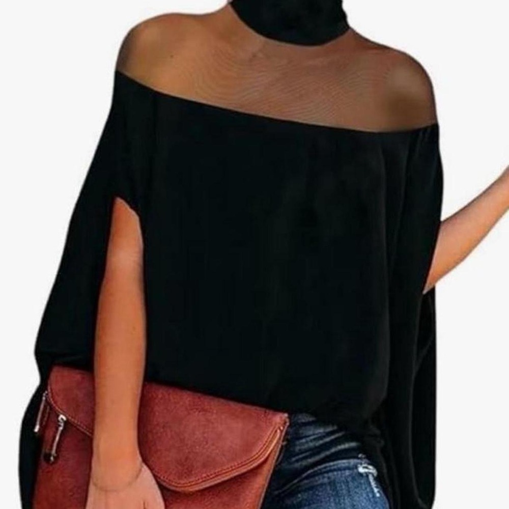 UOOZEE Women's Sexy Mesh Top High Neck Batwing Sleeve Loose Flowy Tunic